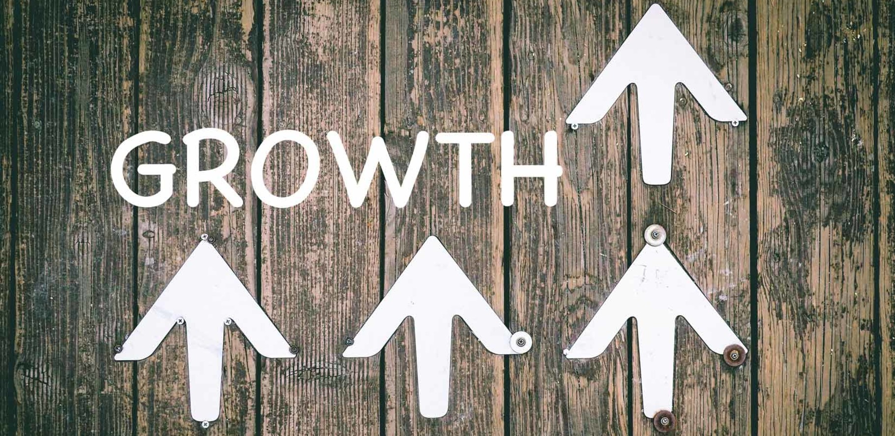 Wooden sign with the words growth painted on it with white arrows pointing up