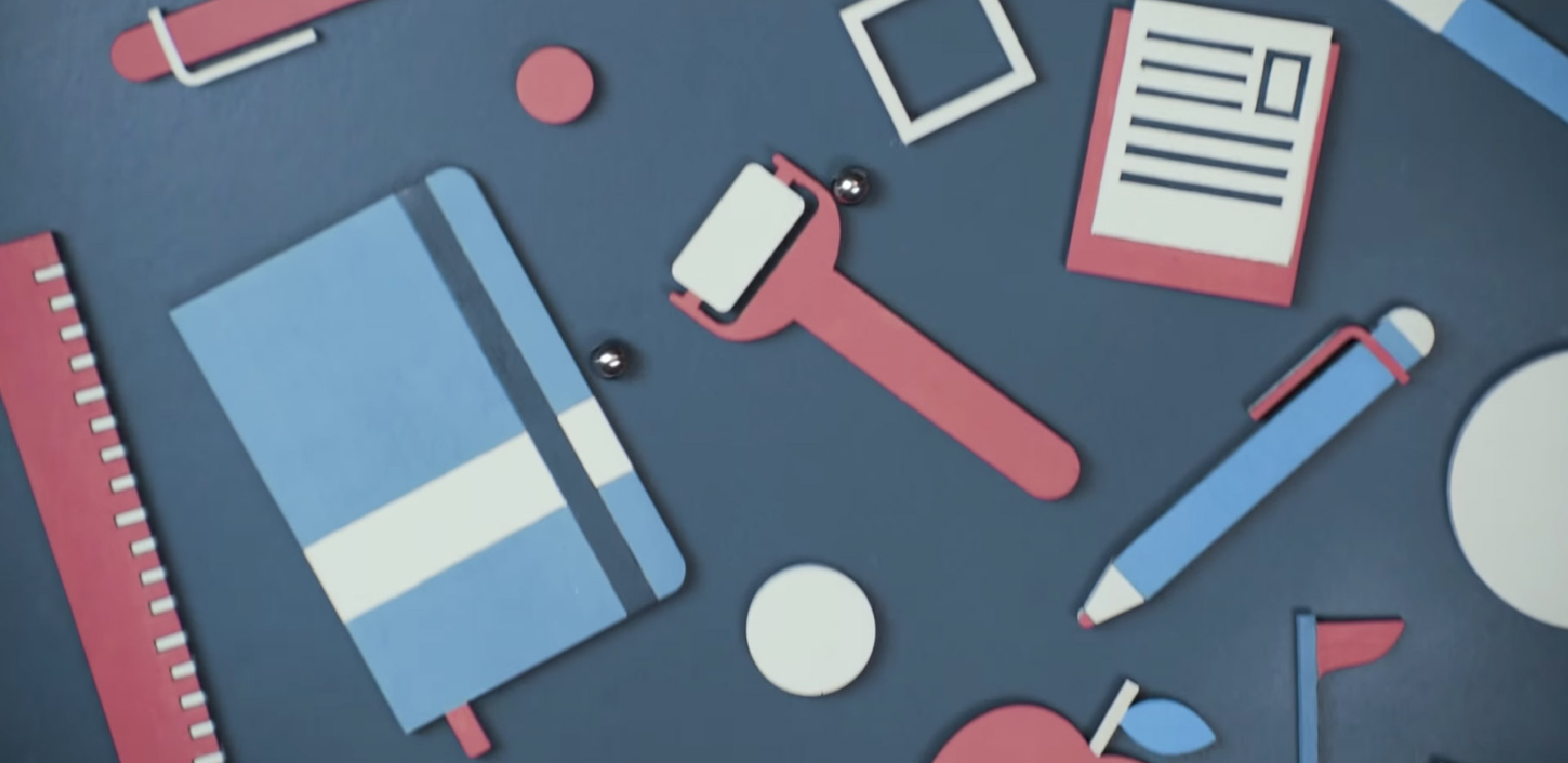 Illustration of a desk with office supplies scattered over it.