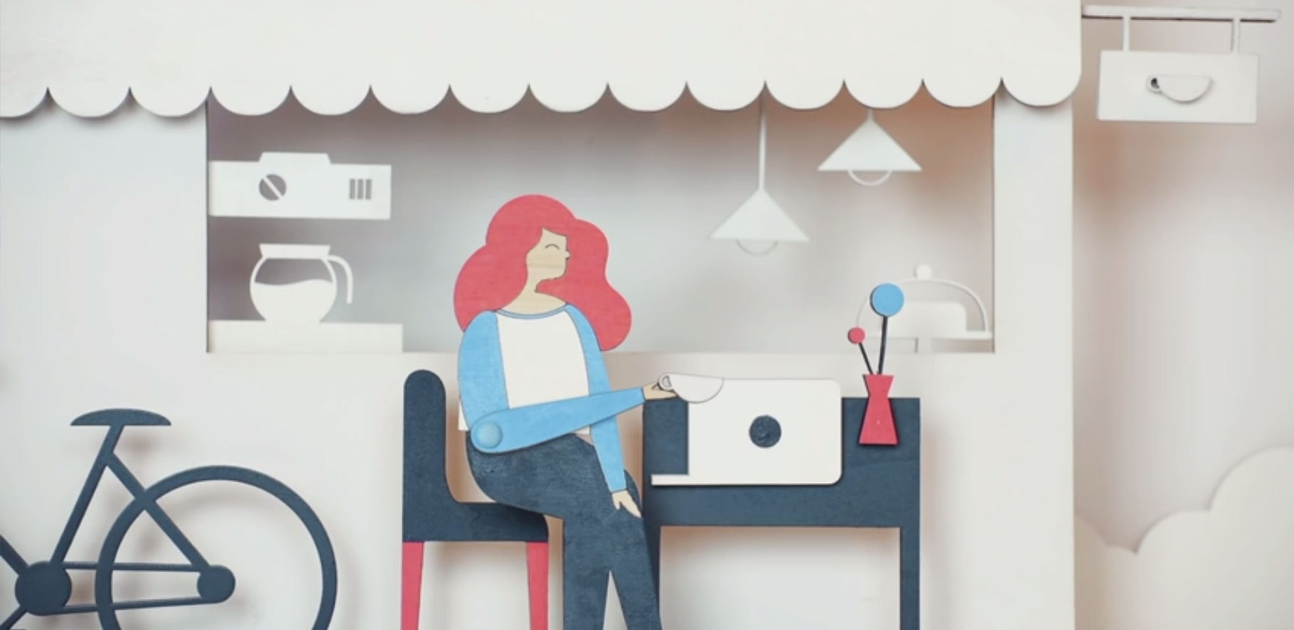 illustration of a women sitting at a table at a cafe drinking a beverage