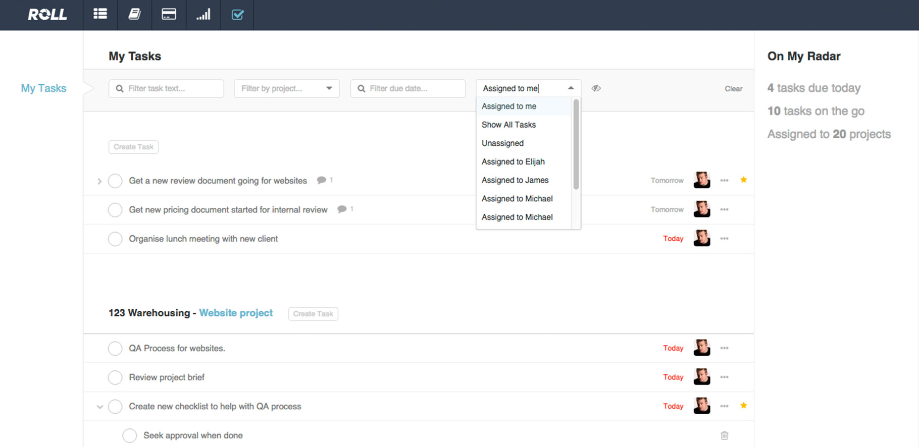 My Tasks area in Roll UI